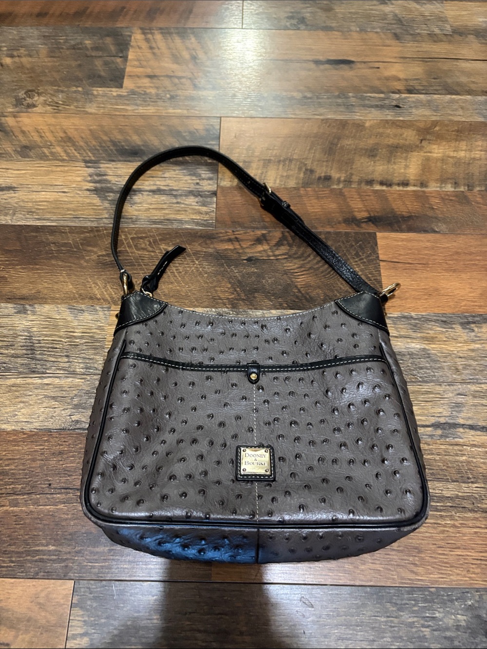 Dooney &‎ Bourke Gray Ostrich-Embossed Shoulder Bag with Black Trim